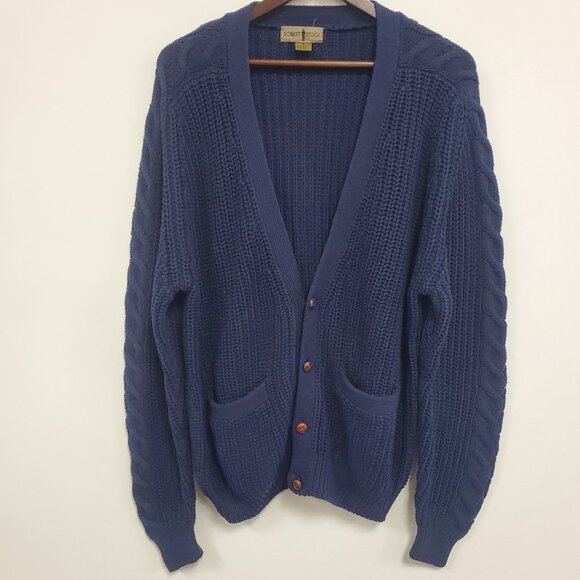 Vintage Robert Stock Mens Thick Tennis Varsity Cardigan Size XL Blue Cable Knit - Picture 1 of 9